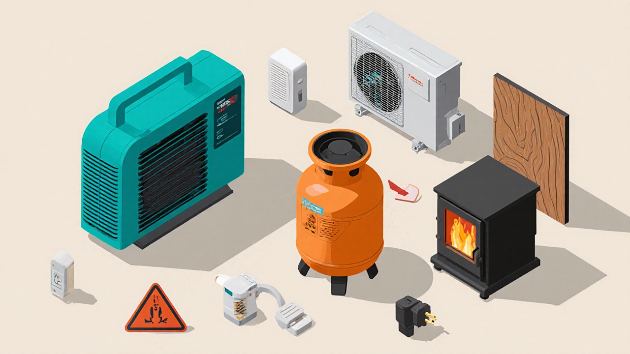 Array of temporary heaters and safety accessories displayed on a tabletop.