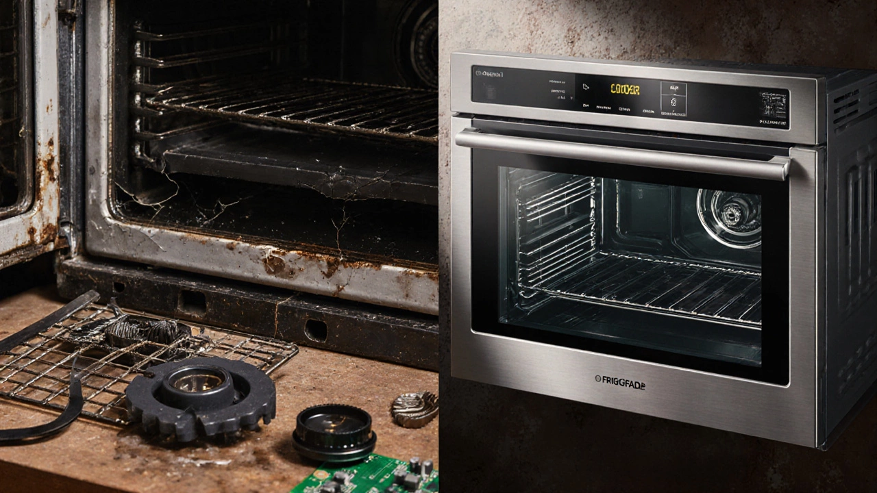 Broken oven parts from a budget brand next to durable components from a high-end model on a workbench.