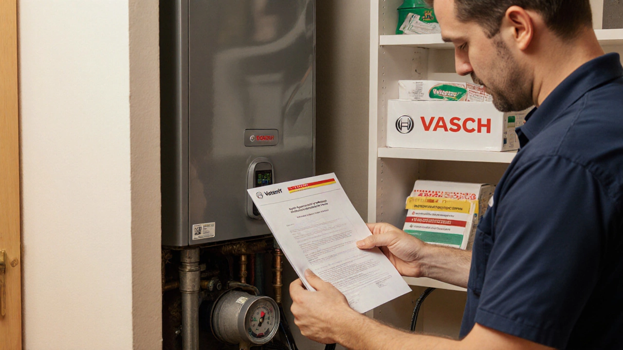 Certified gasfitter handing a service certificate to a homeowner after boiler maintenance.