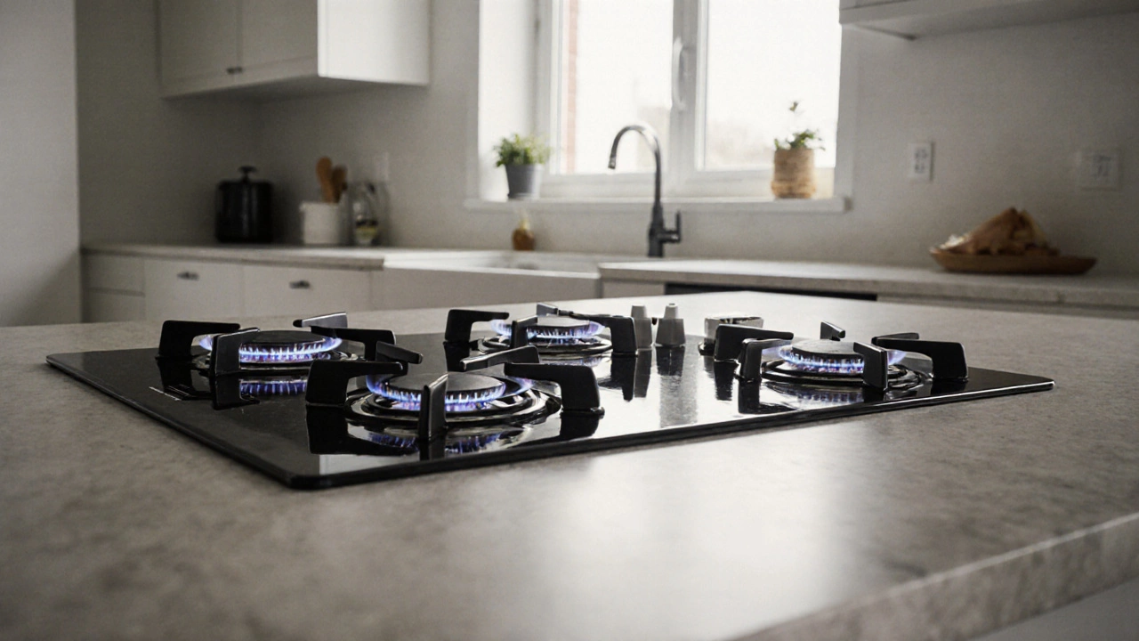 Clean electric hob with burners gently glowing in a bright, tidy kitchen.
