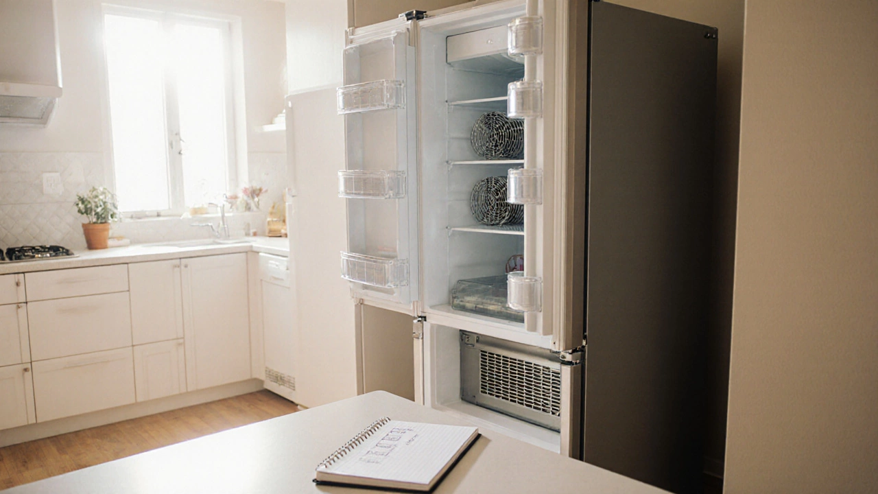 Clean fridge with sparkling condenser coils and a checklist on the counter.