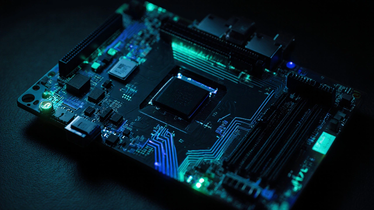 Close-up of a glowing laptop motherboard with highlighted circuitry on a dark background.