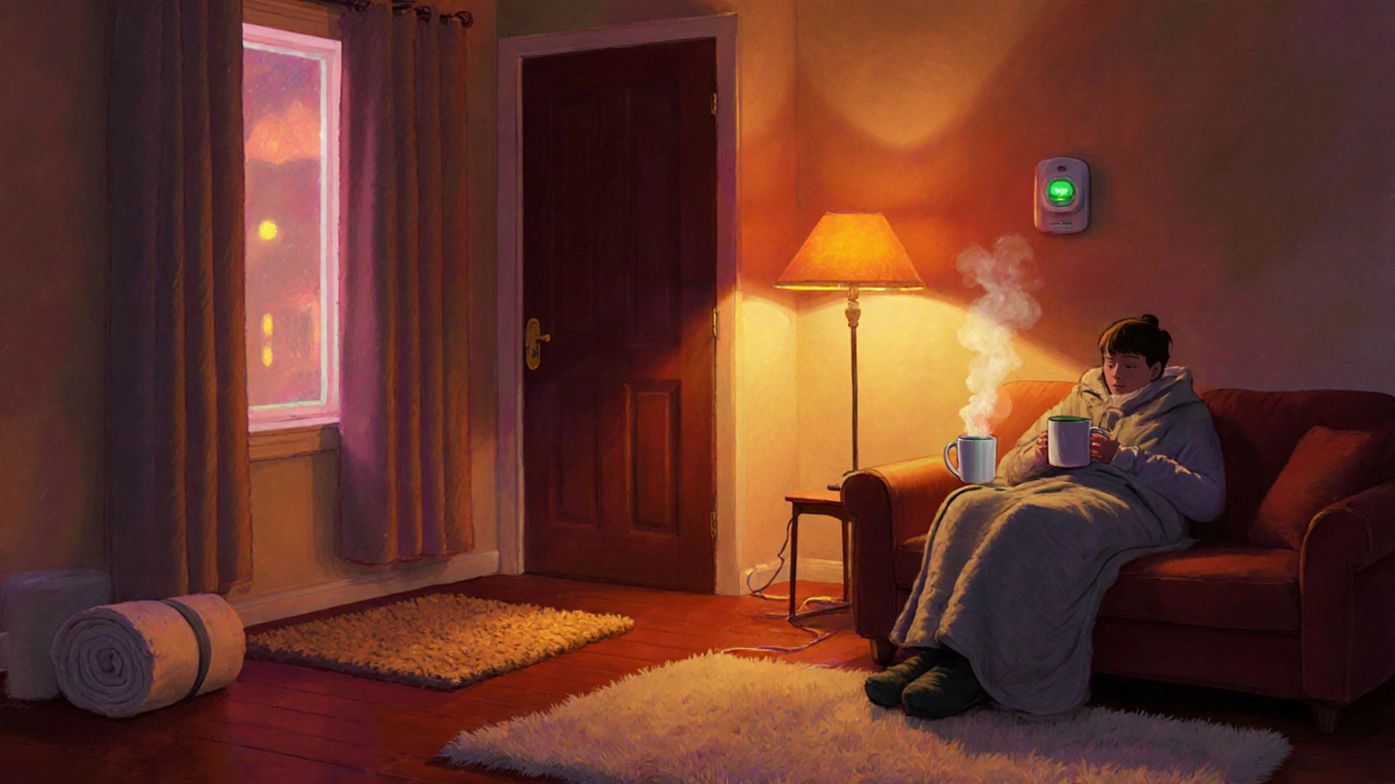 Cozy room with thermal curtains, rugs, blankets, and a carbon monoxide detector after boiler failure.