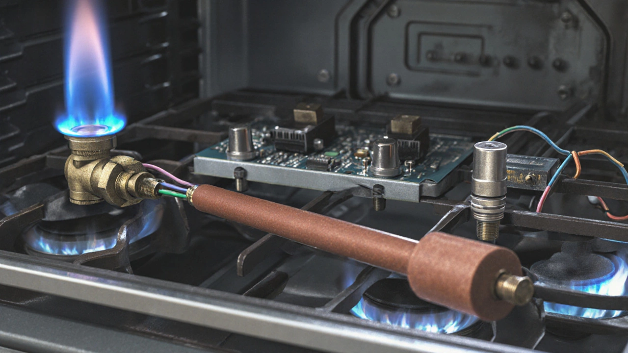 Cross‑section view of gas oven ignition system with igniter, burner, and flame sensor.
