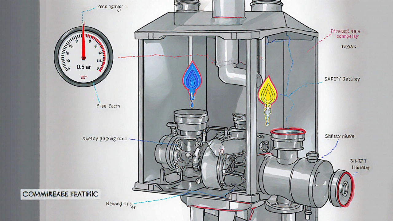 Cut‑away illustration of a boiler showing low pressure, faulty pilot light, leaking tank and pump.