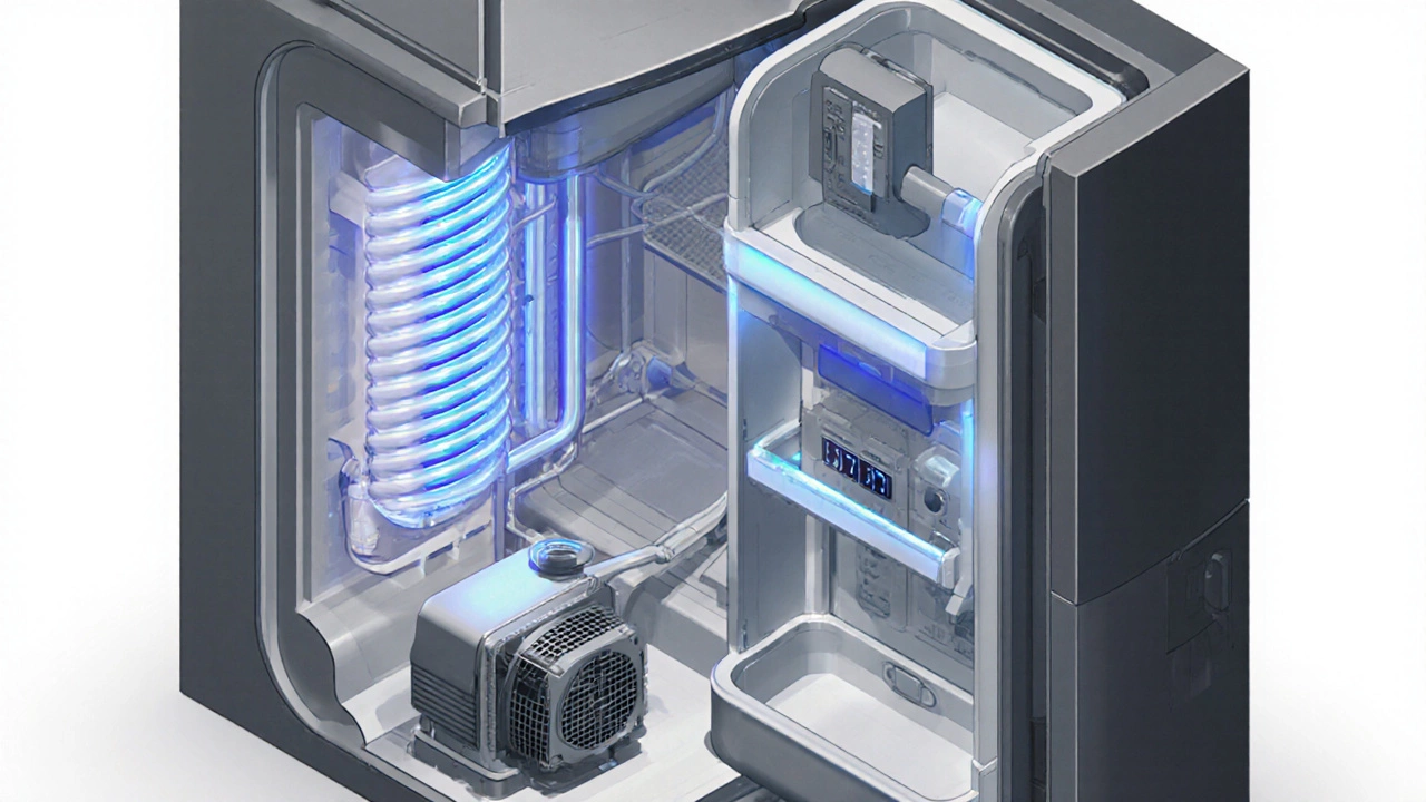 Cutaway view of a fridge displaying compressor, coils, valve, and seal.
