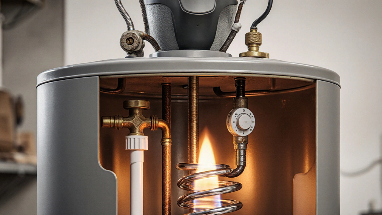 Cutaway view of a water heater revealing heating element, gas valve, dip tube, and anode rod.
