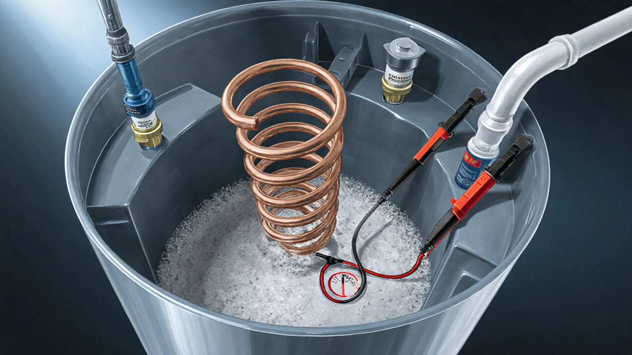 Cutaway view of a water heater showing a sediment‑covered heating element and multimeter.
