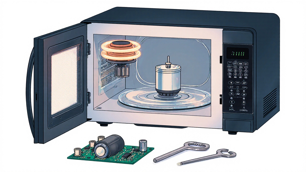 Cutaway view showing microwave parts and tools.