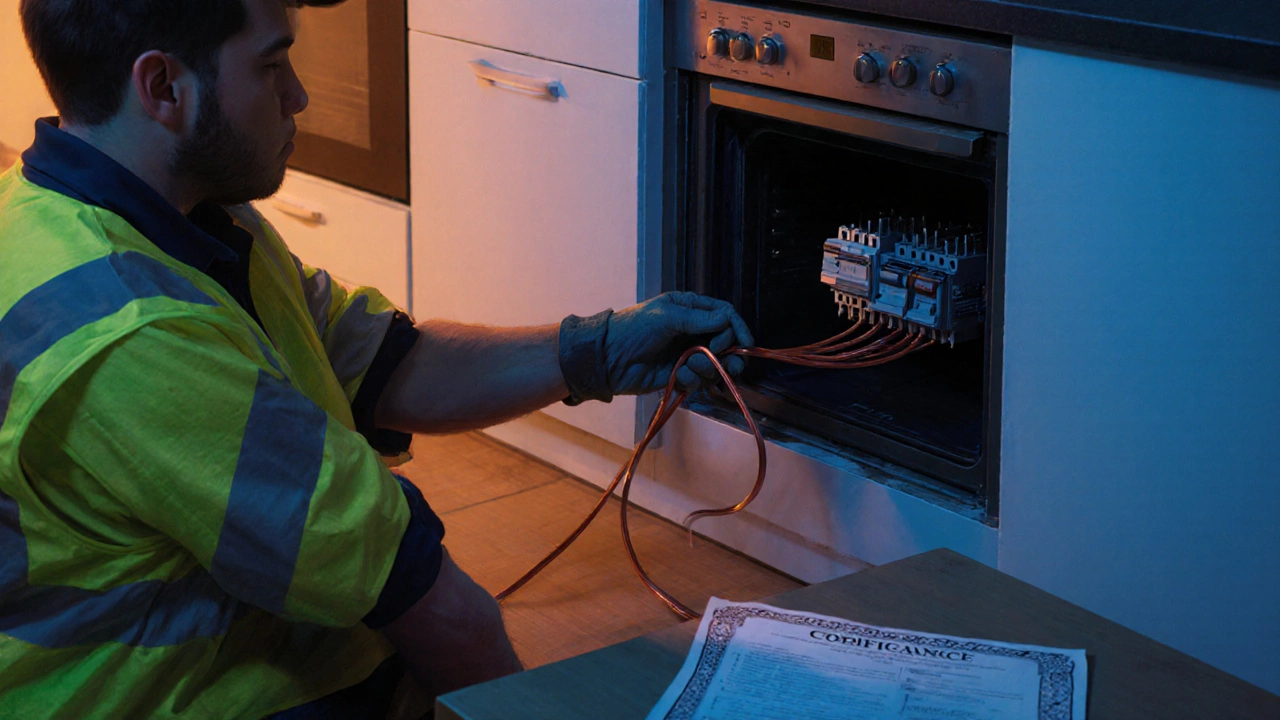 Electrician installing new wiring and breaker for an oven with safety gear.