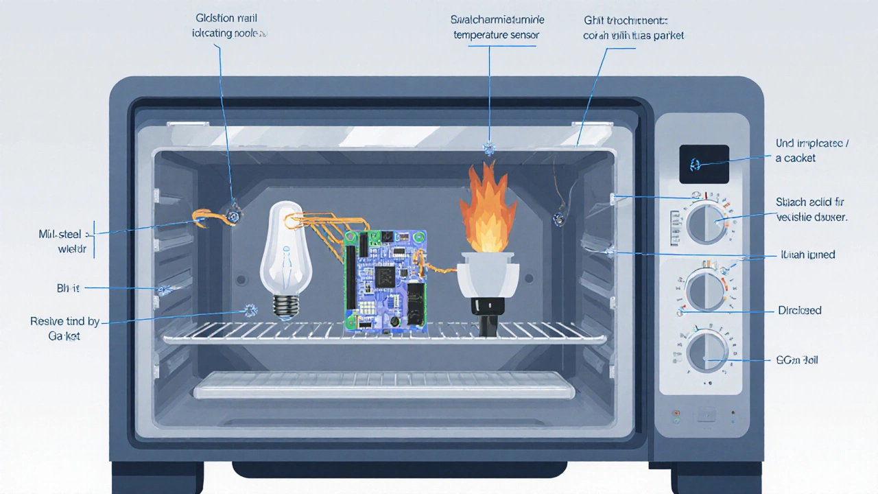 Exploded view illustration of oven components: element, thermostat, sensor, board, seal, igniter.