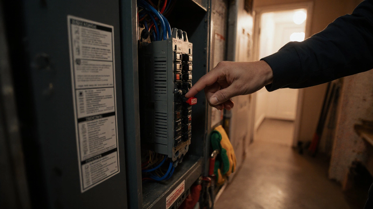 Hand turning off the circuit breaker labeled 'HOB' in a home electrical panel.