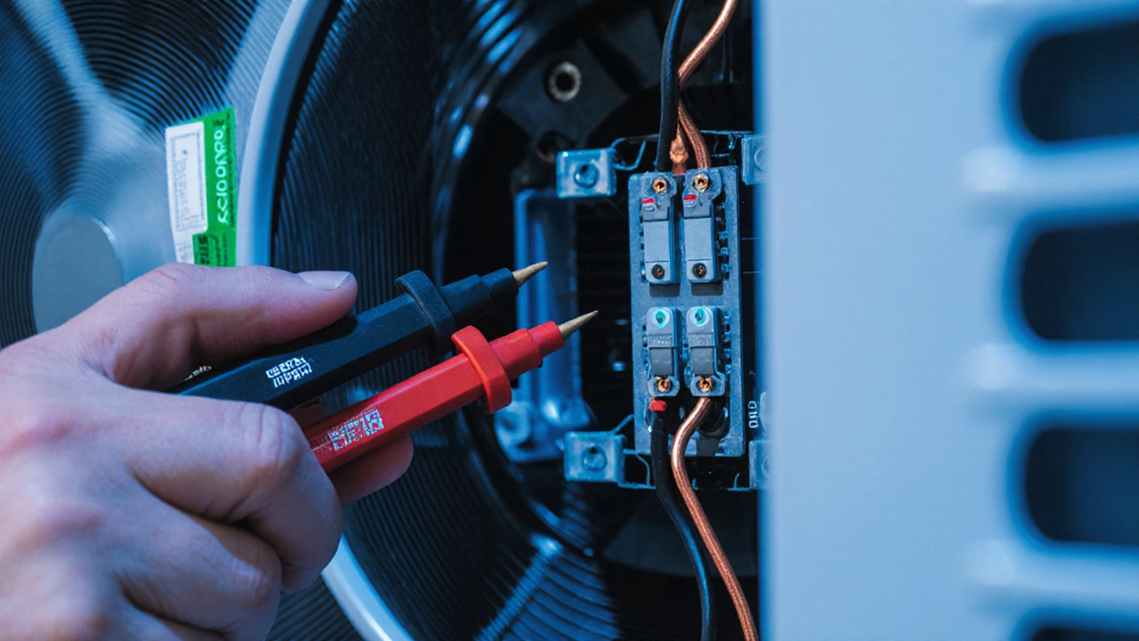 Hand using a multimeter on the fan's live and neutral terminals.