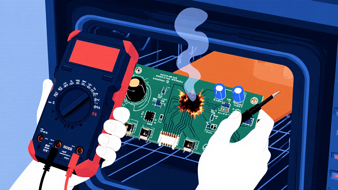 Hands using a multimeter on a burnt oven control board with smoke.
