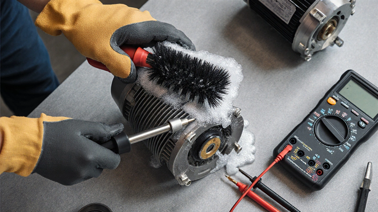 Hands using screwdriver, brush, and multimeter to clean the motor.