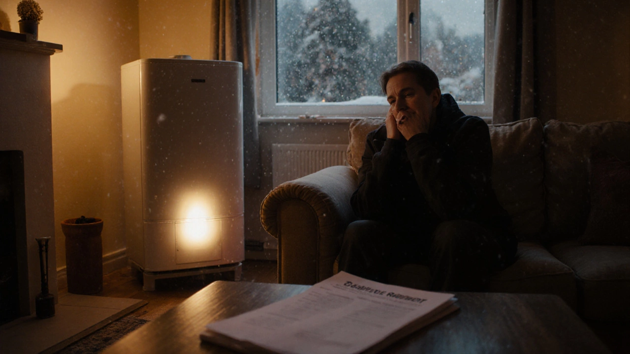 Happy homeowner holding a service report beside a quietly running boiler.