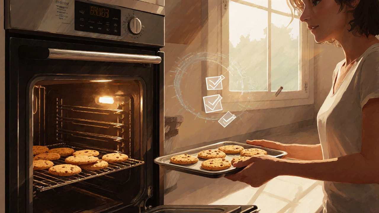 Happy homeowner removing baked cookies from a working oven after repair.