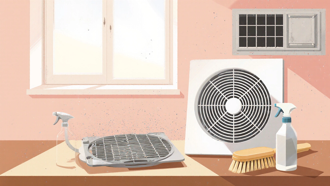 Homeowner cleaning a removed extractor fan grille on a workbench.