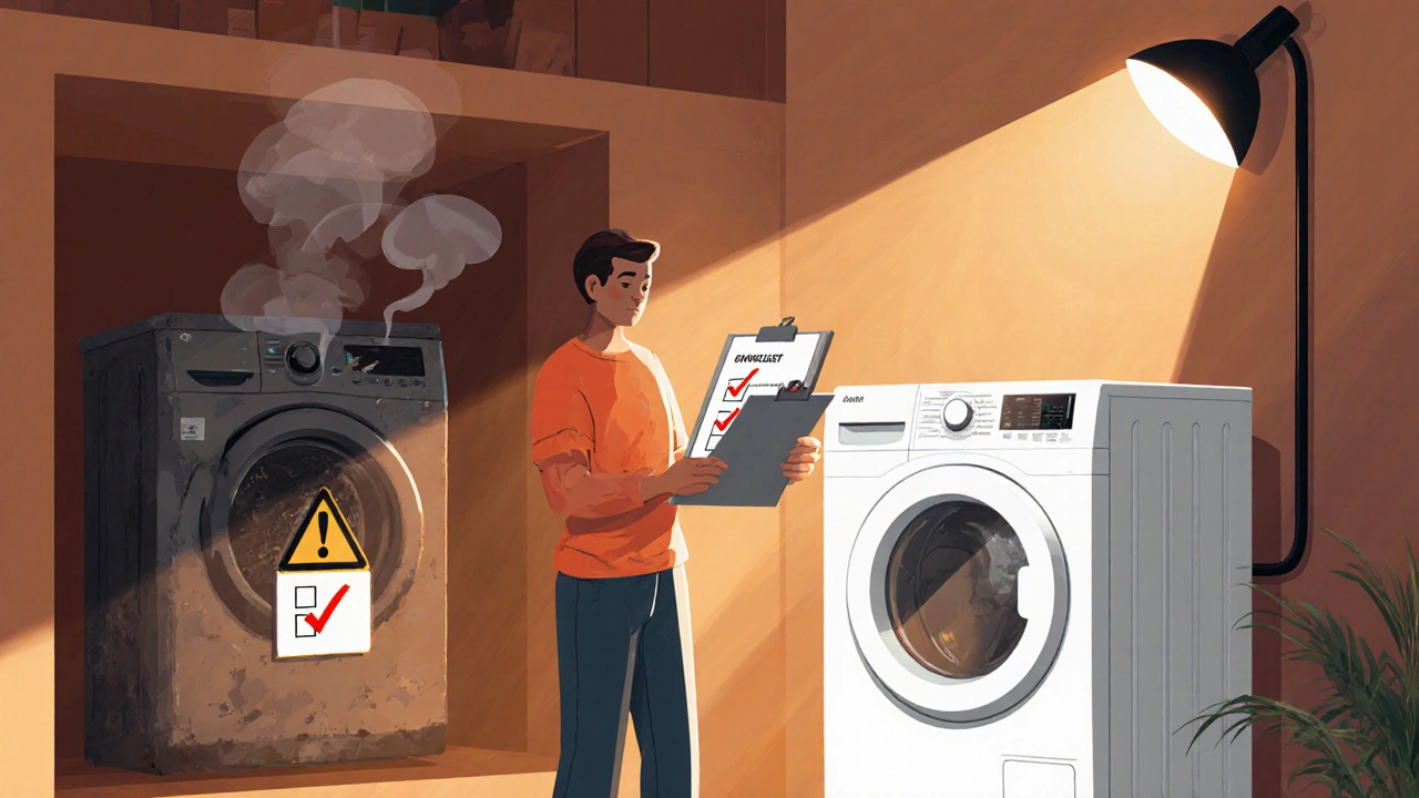 Homeowner reviewing a repair‑or‑replace checklist beside old and new dryers.