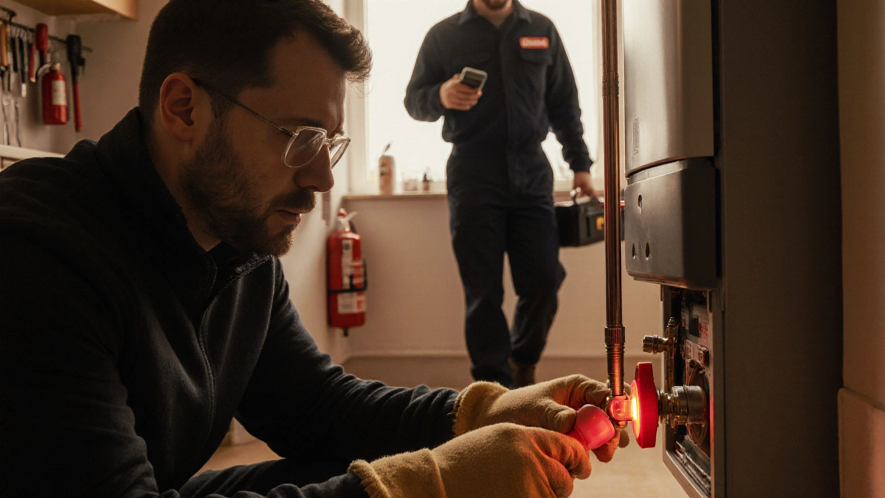 Homeowner shuts off gas valve while a heating technician approaches with tools.