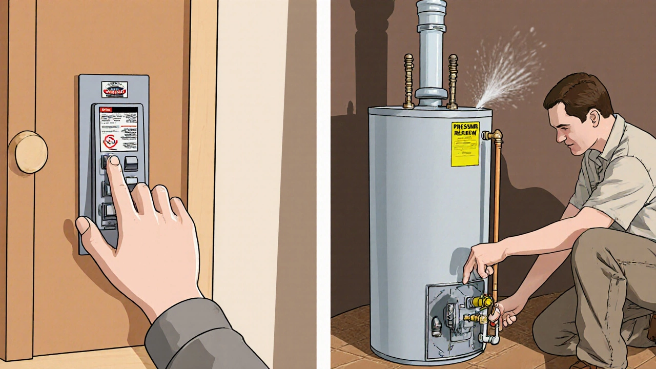 Homeowner turning off breaker, checking pressure valve, and pressing the heater reset button.