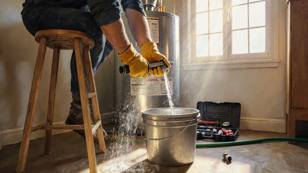 Homeowner using a wrench to drain a water heater while sunlight fills the utility room.