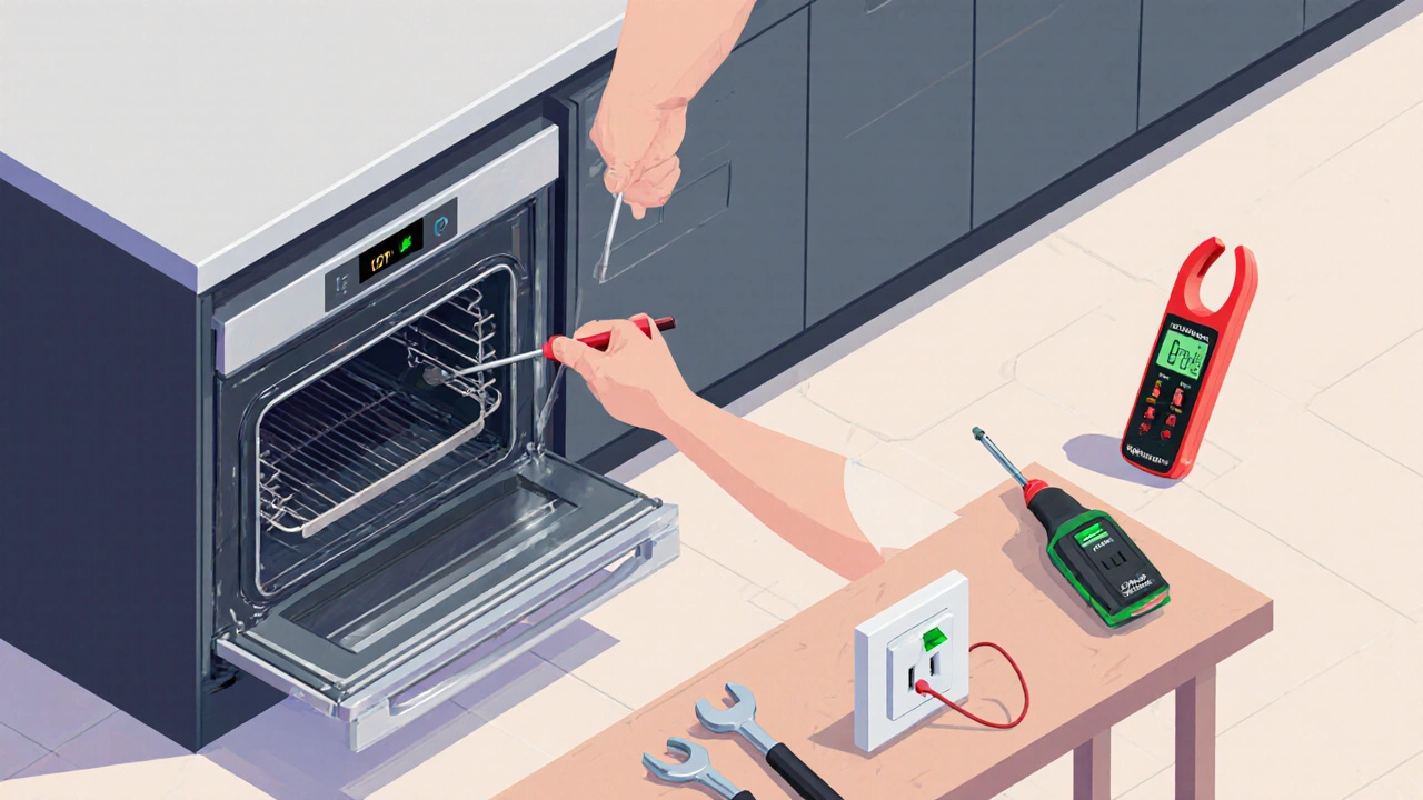 Homeowner using tools and voltage tester to replace an electric oven.