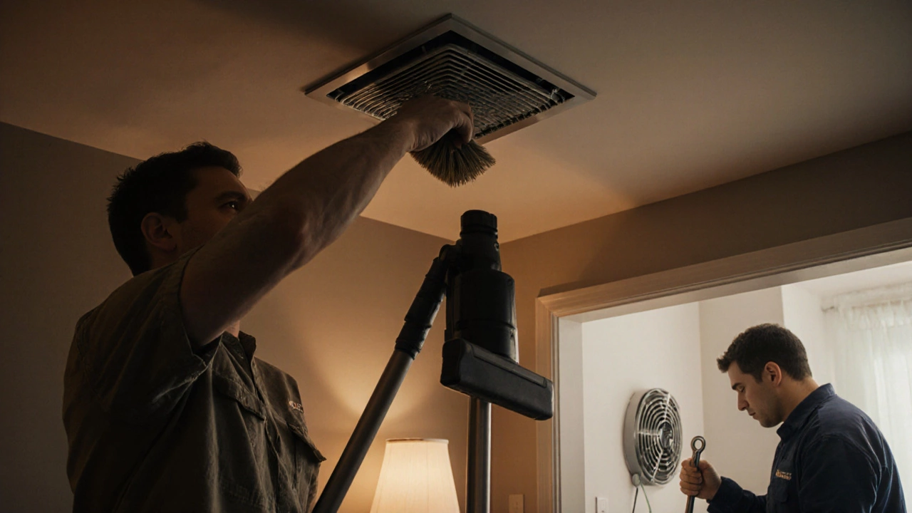 Person cleaning a ventilation fan while a technician inspects an extractor fan.