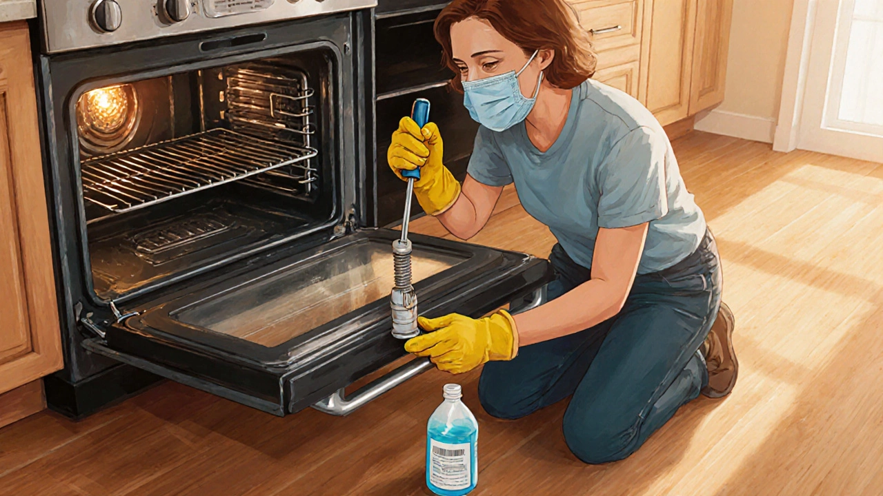 Person in safety gear replaces oven igniter with tools on kitchen floor.