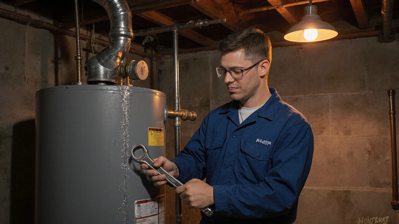 Plumber checking a leaking water heater valve in a basement.