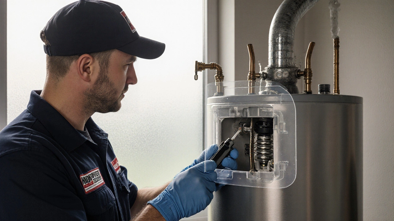 Plumber inspecting a gas water heater with tools, showing internal components.