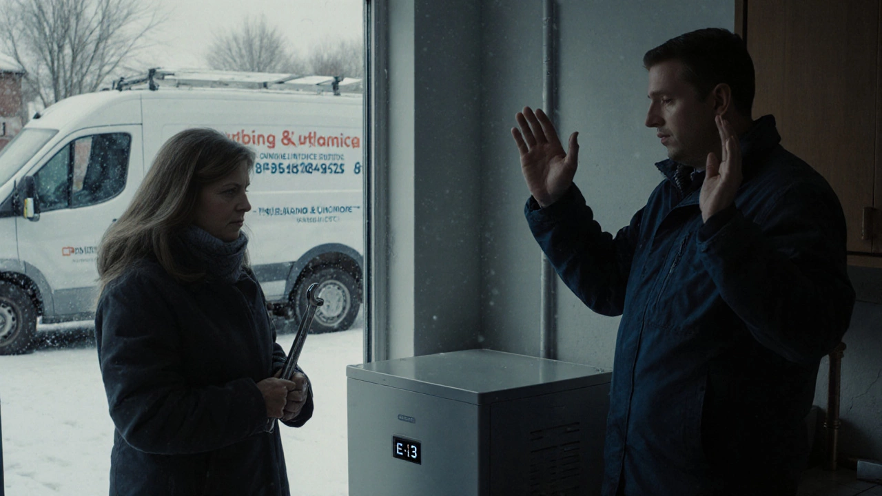 Plumber unable to fix a broken boiler while homeowner looks on in frustration.