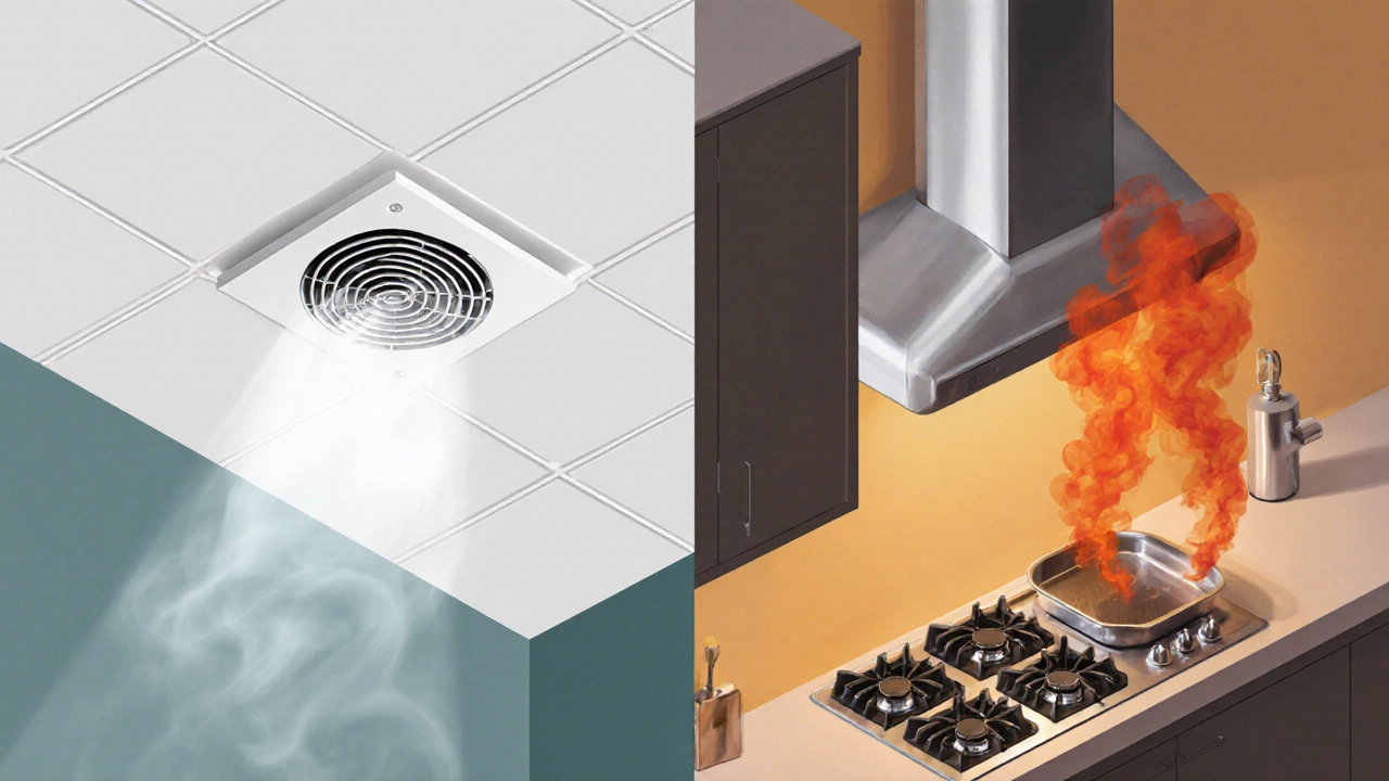 Side‑by‑side view of a bathroom ventilation fan and a kitchen extractor fan with airflow cues.