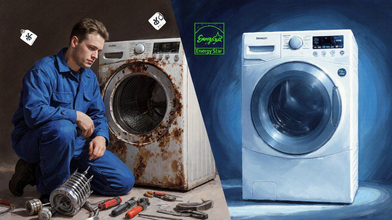 Split illustration of a technician repairing an old dryer versus a new energy‑star dryer.
