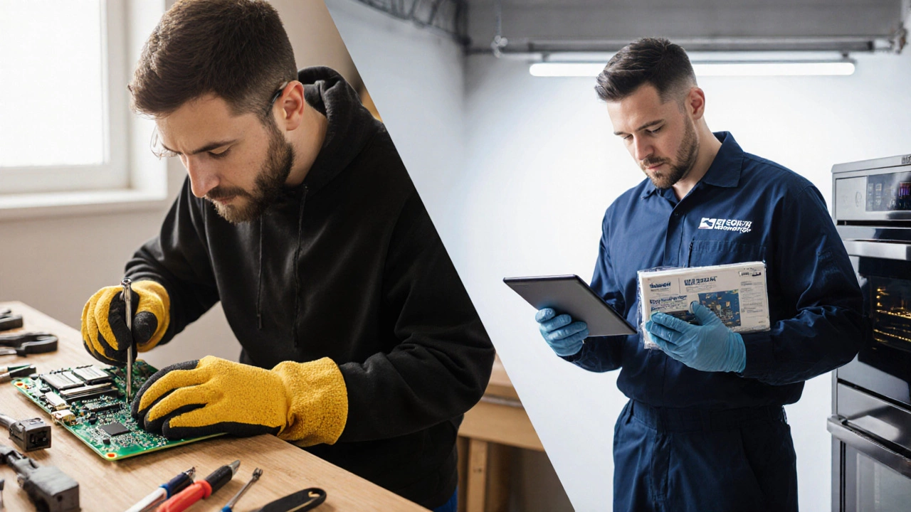 Split scene showing DIY repair tools on one side and a technician on the other.