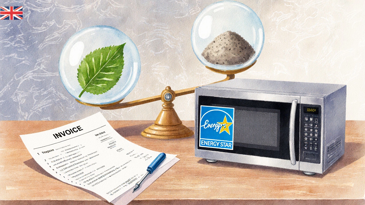 Table with repair invoice, new microwave box, and environmental scale.