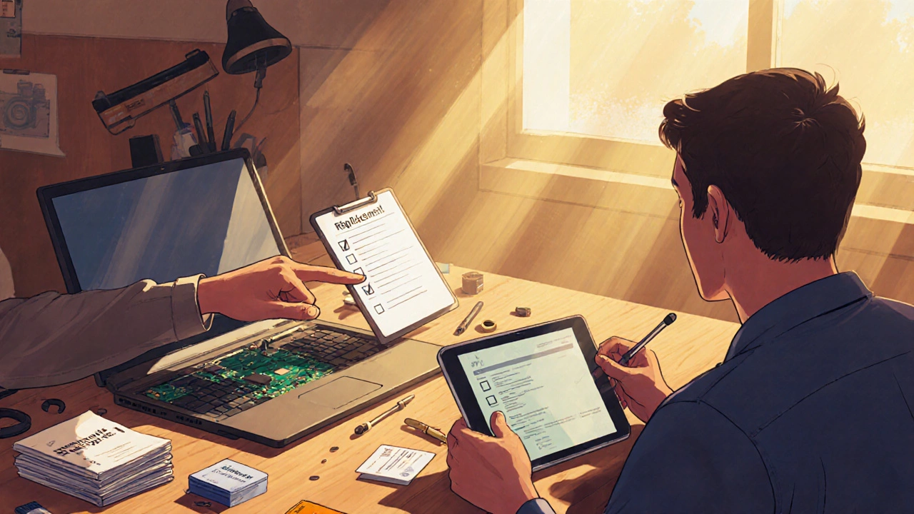 Technician advising a customer, showing tools and parts on a warm-lit desk.