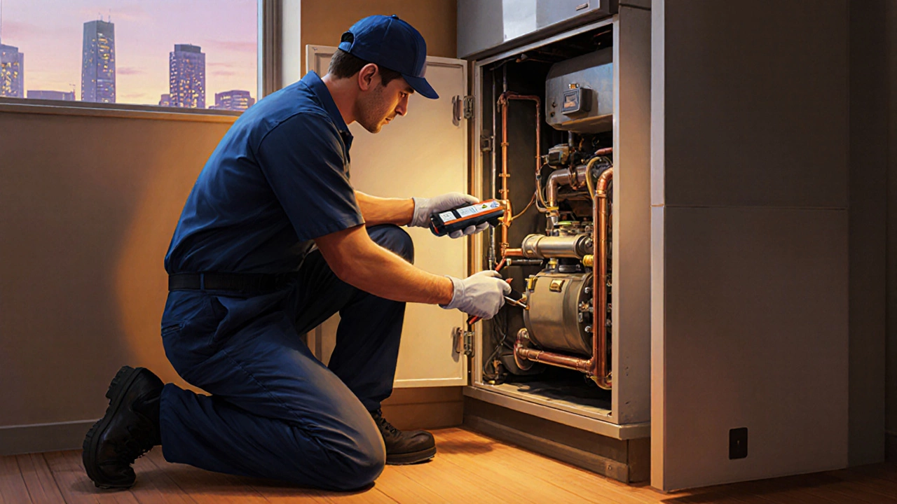 Technician inspecting a boiler's heat exchanger with tools in a modern home.