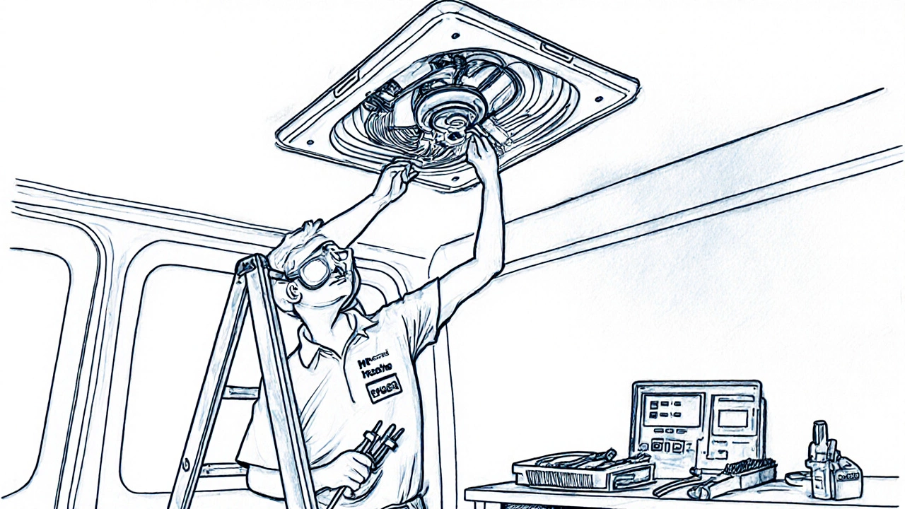 Technician on a ladder checking a fan motor with multimeter and tools.