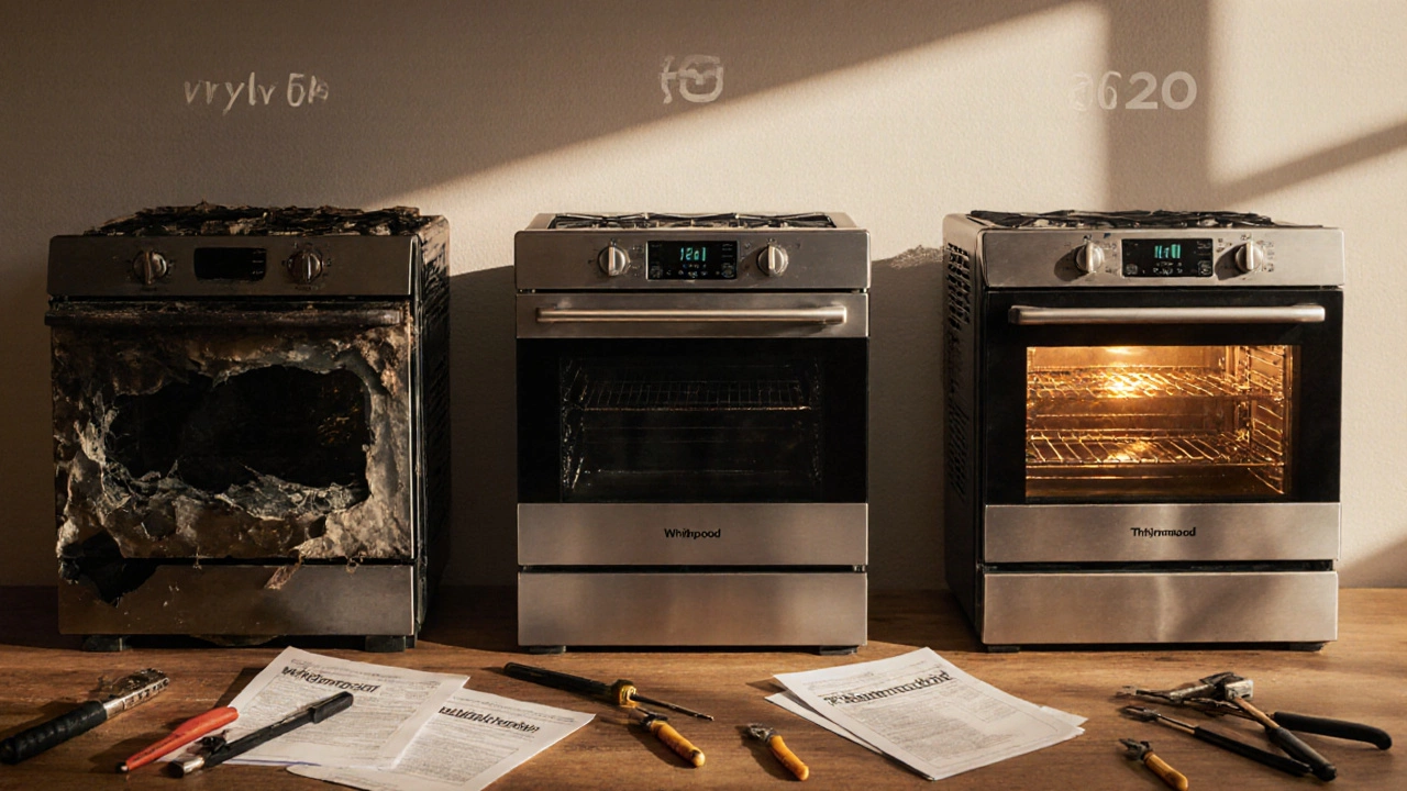 Timeline showing an oven's lifespan from failure at year 5 to lasting 20 years with premium build quality.
