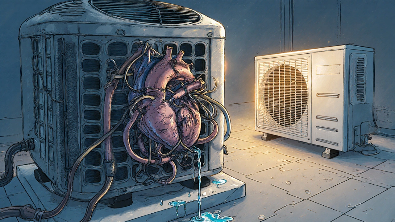 A broken heat pump system depicted as a fractured mechanical heart leaking fluid.