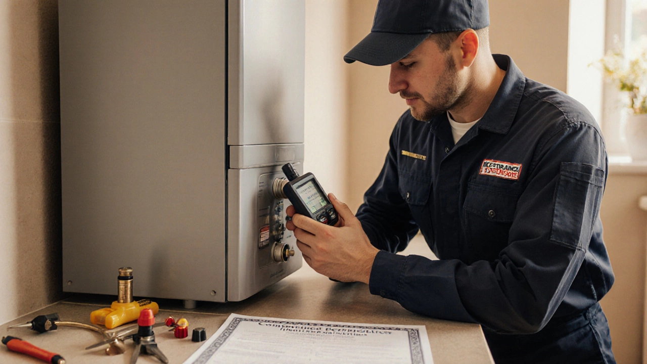 A certified technician testing a boiler for carbon monoxide and gas pressure with professional tools.