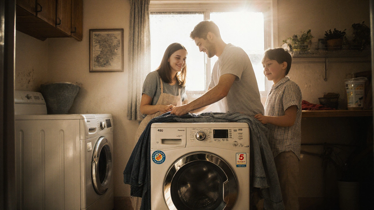 A happy family loading clothes into a new washing machine in a bright laundry room.
