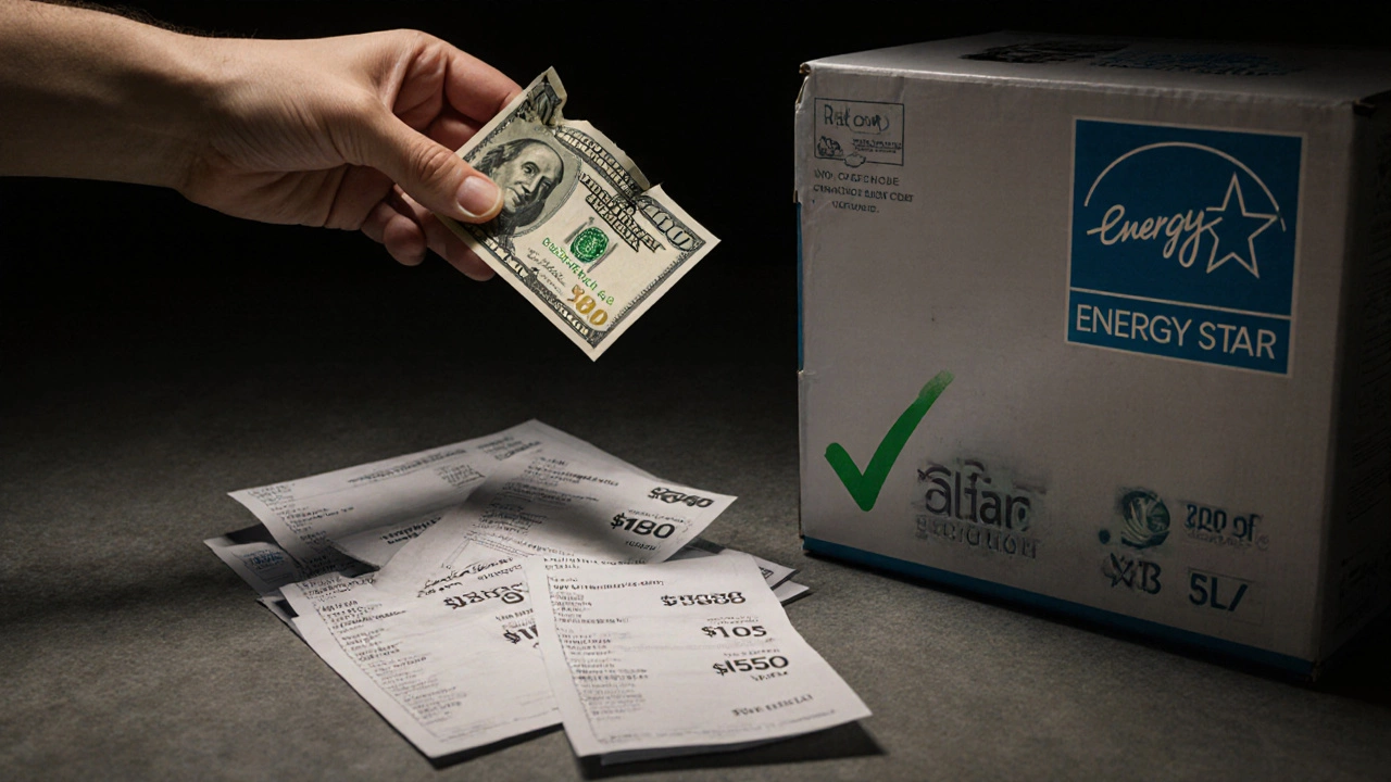 A homeowner testing a worn oven door seal with a dollar bill, beside repair bills and a new energy-efficient model.