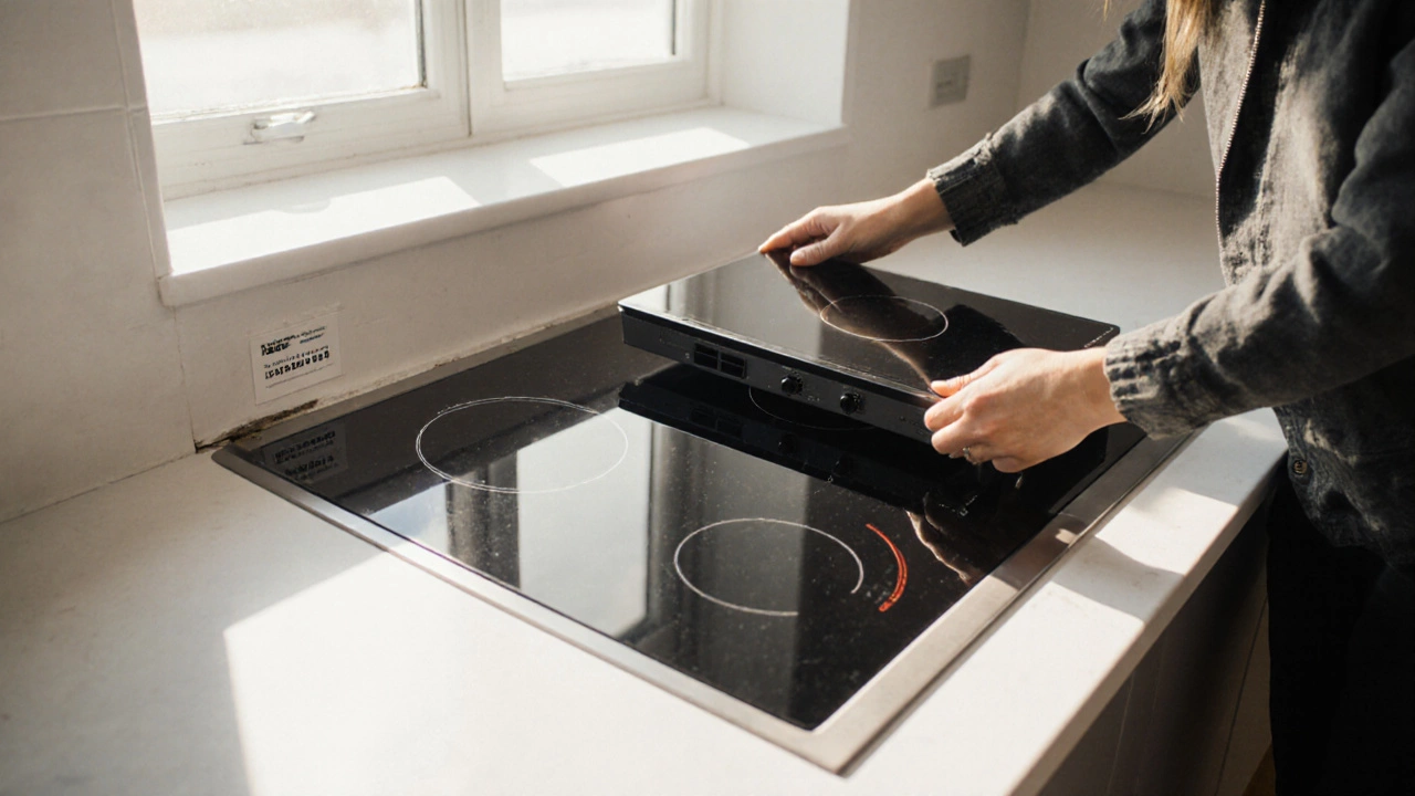 A new induction hob being installed in a kitchen counter, sunlight illuminating the clean surface.