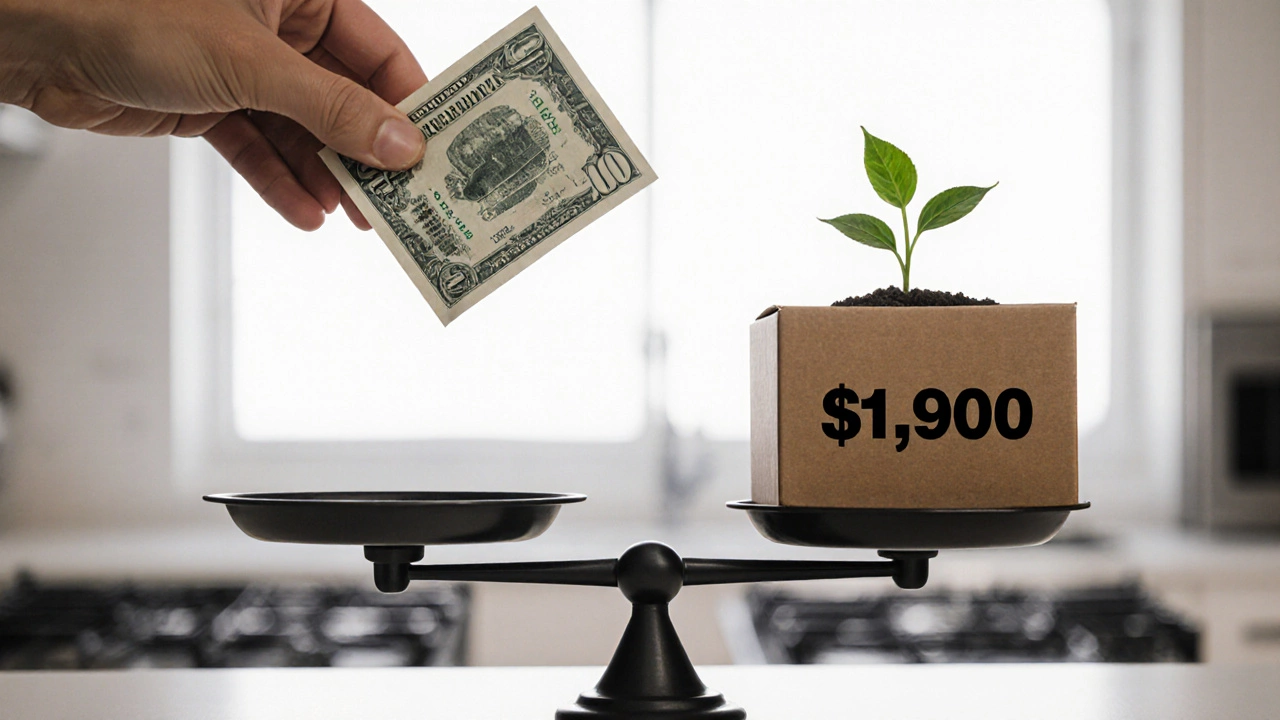 A repair bill balanced against a new oven, symbolizing cost versus long-term value.