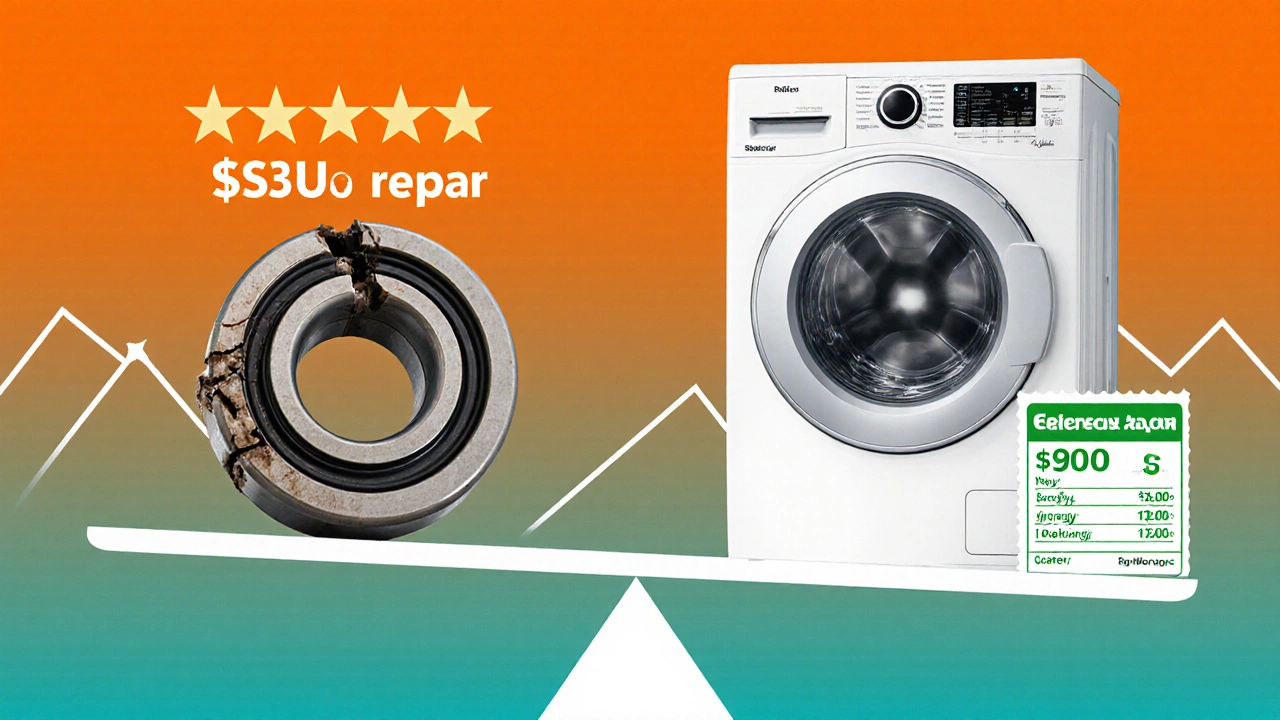 A scale comparing the cost of repairing an old washing machine versus buying a new energy-efficient one.