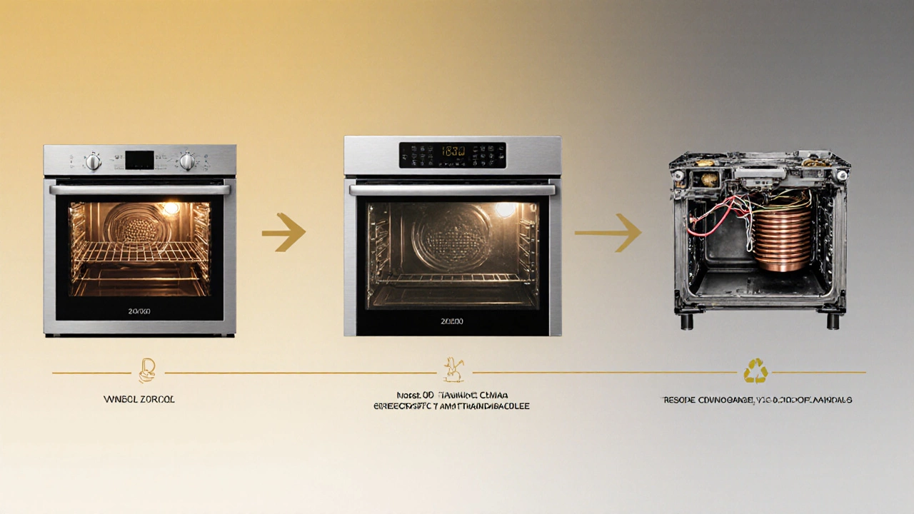 A visual timeline of an oven&#039;s lifecycle from new to recycled parts, symbolizing its environmental journey.