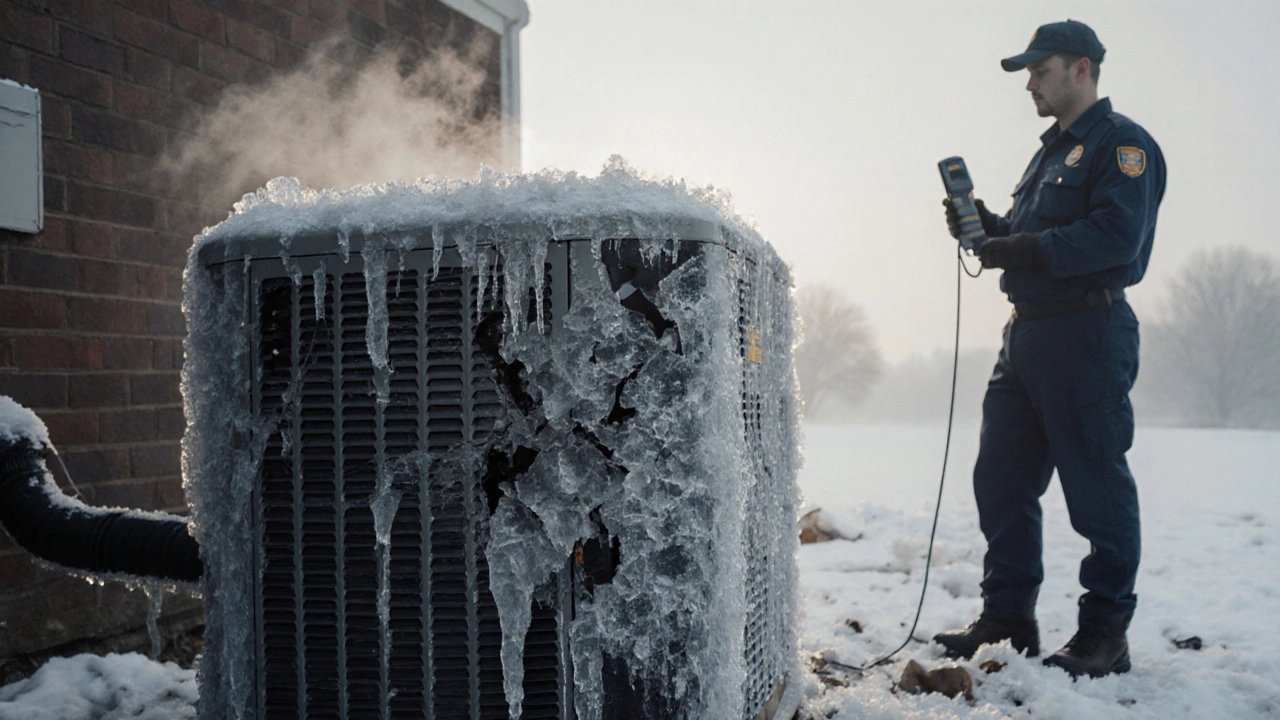 An outdoor heat pump covered in thick ice with a technician inspecting it.