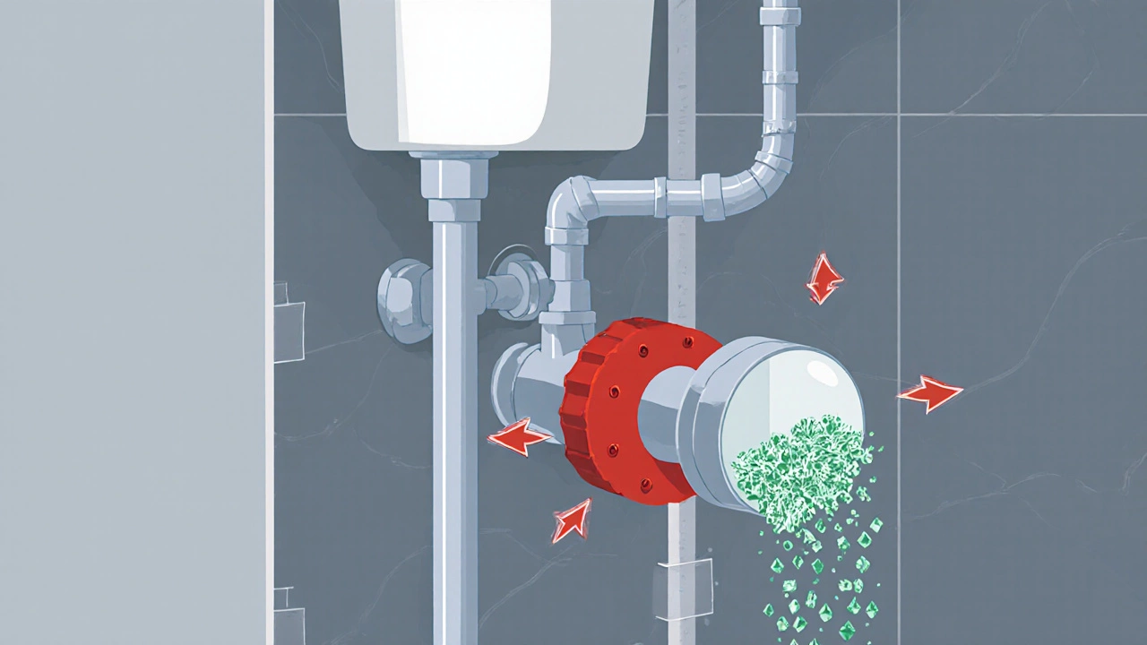 Cross-section of plumbing showing clogged shower valve and blocked hot water flow.